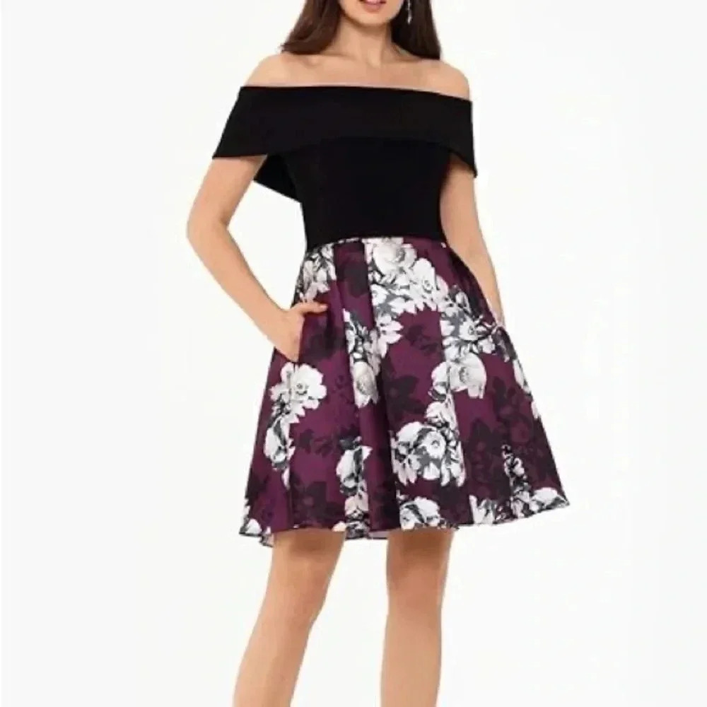 Betsy & Adam Women’s Off-The-Soulder Printed Cocktail Mini Dress Size 2 XS